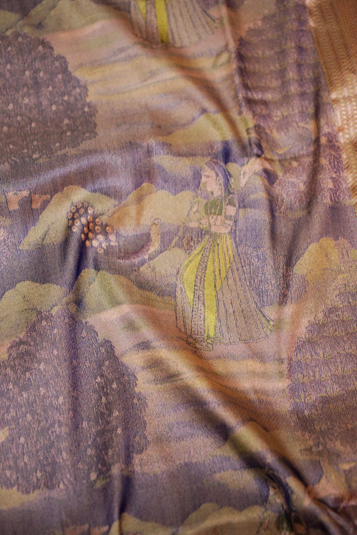 Luxurious Olive Green Banarasi Tanchoi Saree in Pure Katan Silk – Handcrafted Figure Pattern