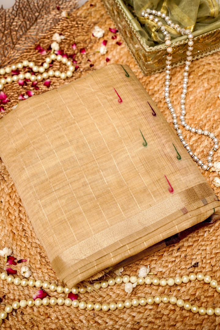 Graceful Beige Cotton Silk Saree with Zari Stripe Weave Paithani Pallu View 2