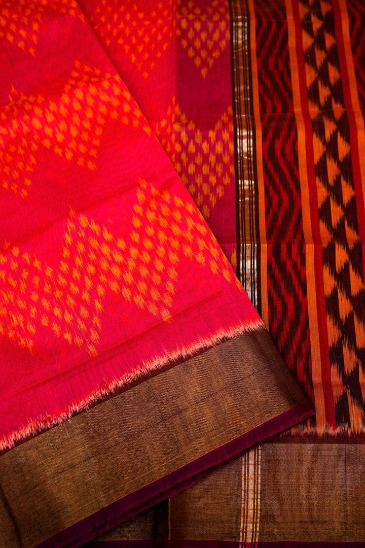 Banarasi Red Patola Cotton Silk Saree with Printed Zig Zag Design
