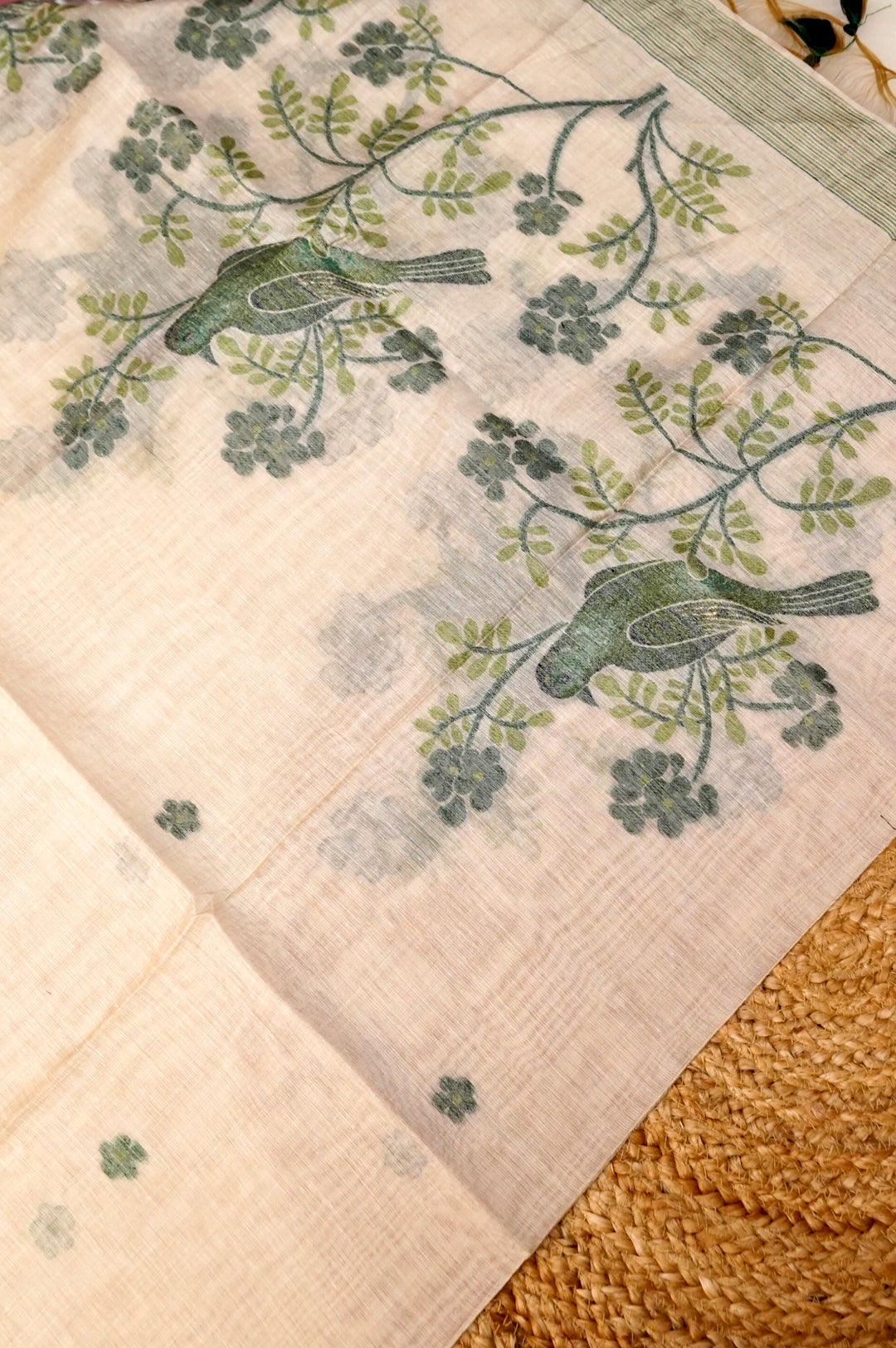 Off White Floral Woven Unstitched Suit Set with Bird Motif Dupatta in Soothing Green Tones