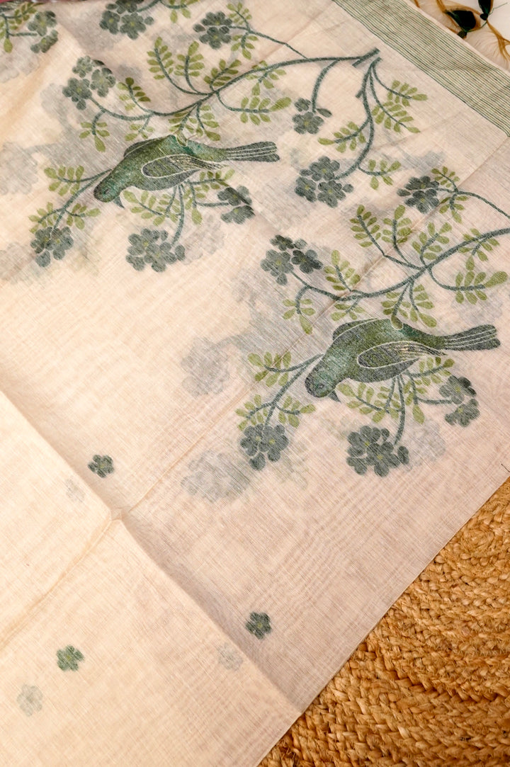 Off White Floral Woven Unstitched Suit Set with Bird Motif Dupatta in Soothing Green Tones