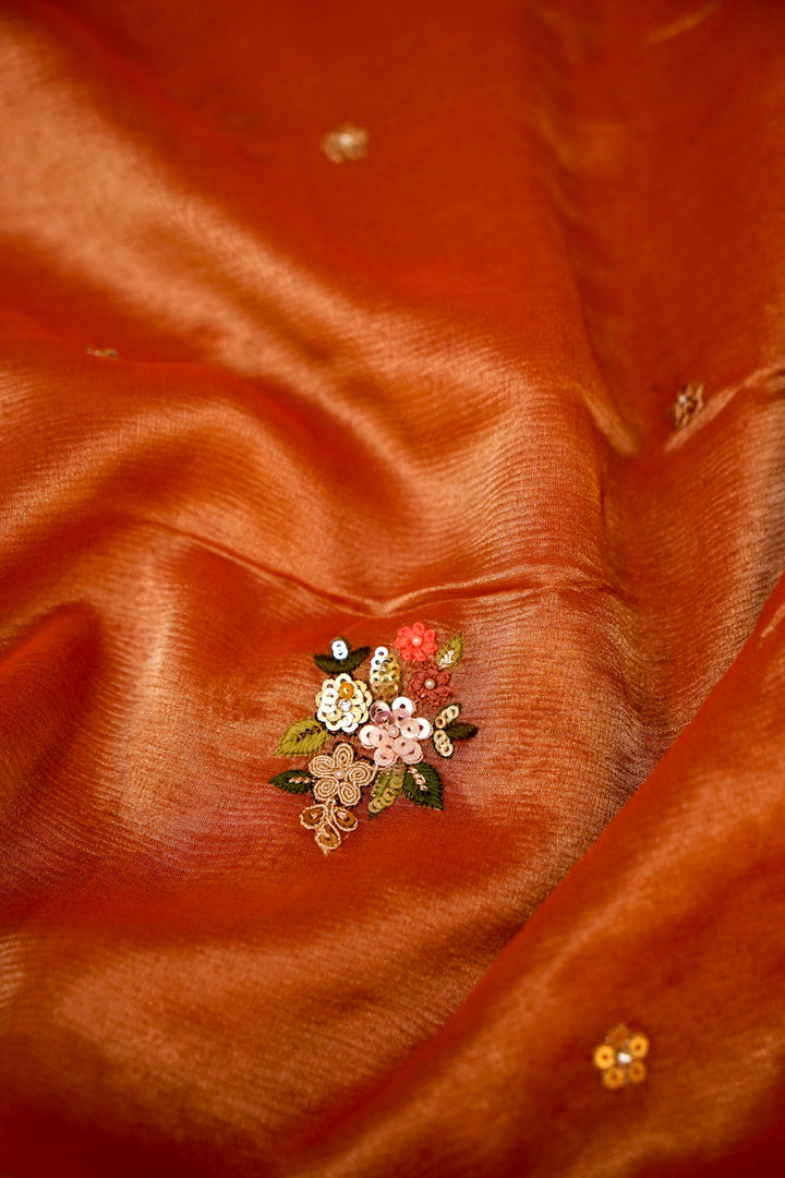 Apricot Orange Designer Tissue Silk Saree with Pichwai Lotus Embroidery View 5