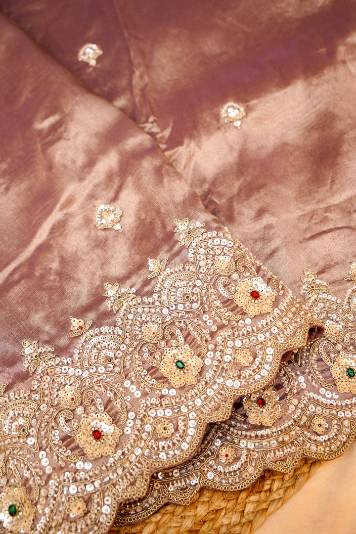 Lavender Gold Designer Tissue Silk Saree with Pearl and Kundan Embroidery View 3