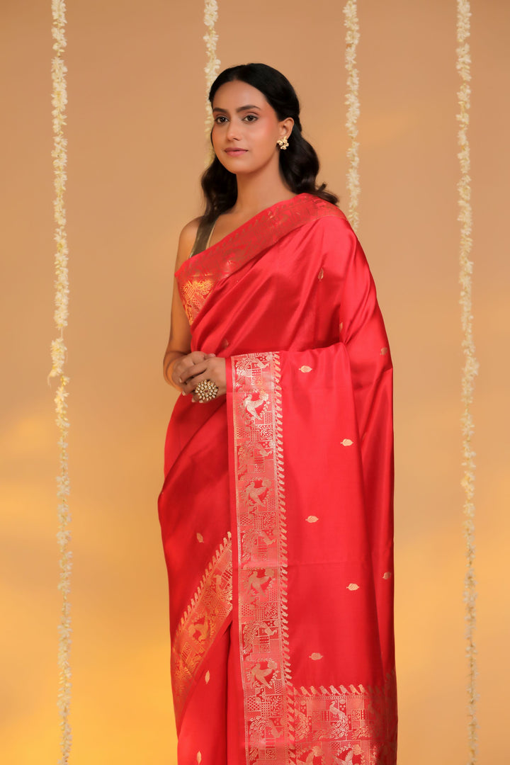 handwoven red bridal banarasi pure mashru silk shikargah weaving saree front view 3