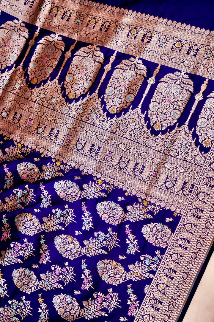 Handwoven Banarasi Dark Blue Pure Katan Silk Meenakari Jaal Saree
