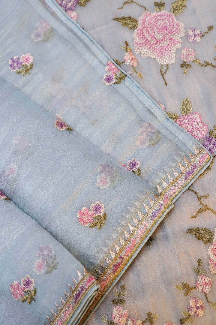 Sky Blue Banarasi Crush Tissue Silk Suit Set with Embroidery Work