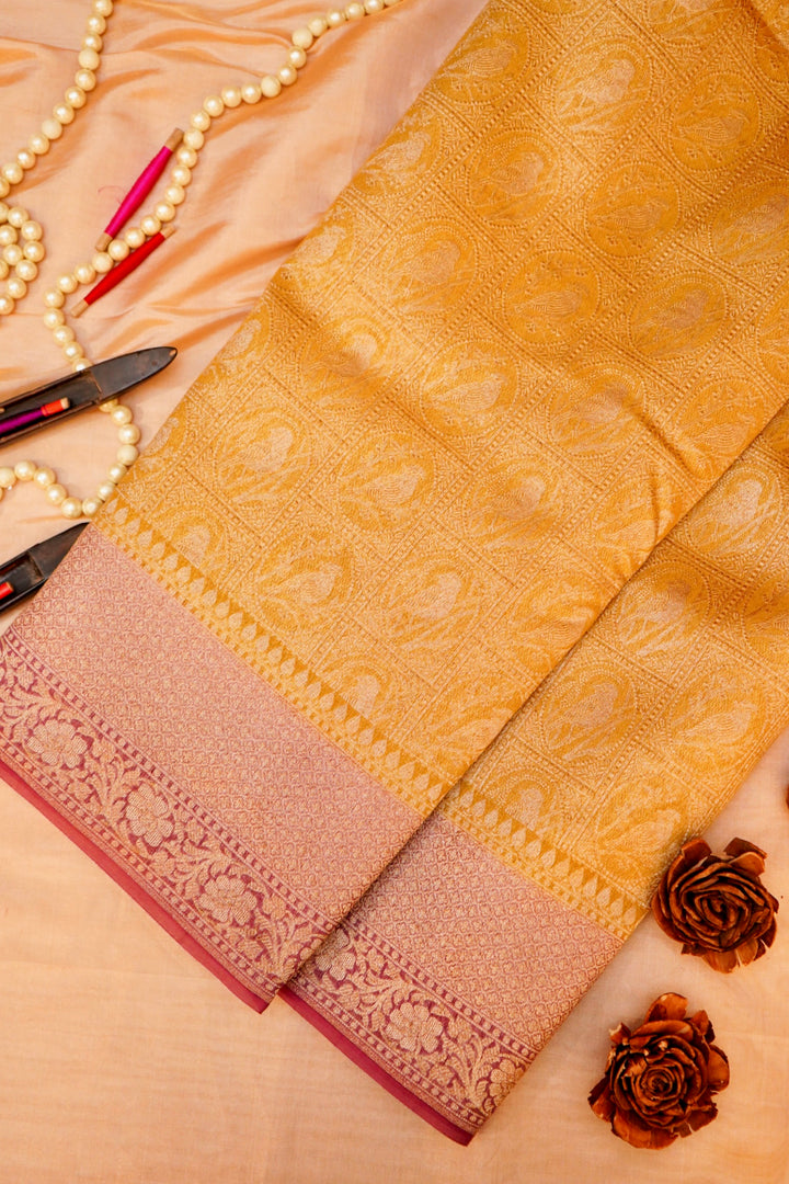 Handwoven Banarasi Pure Yellow Chanderi Silk Saree with Magenta Contrast Border