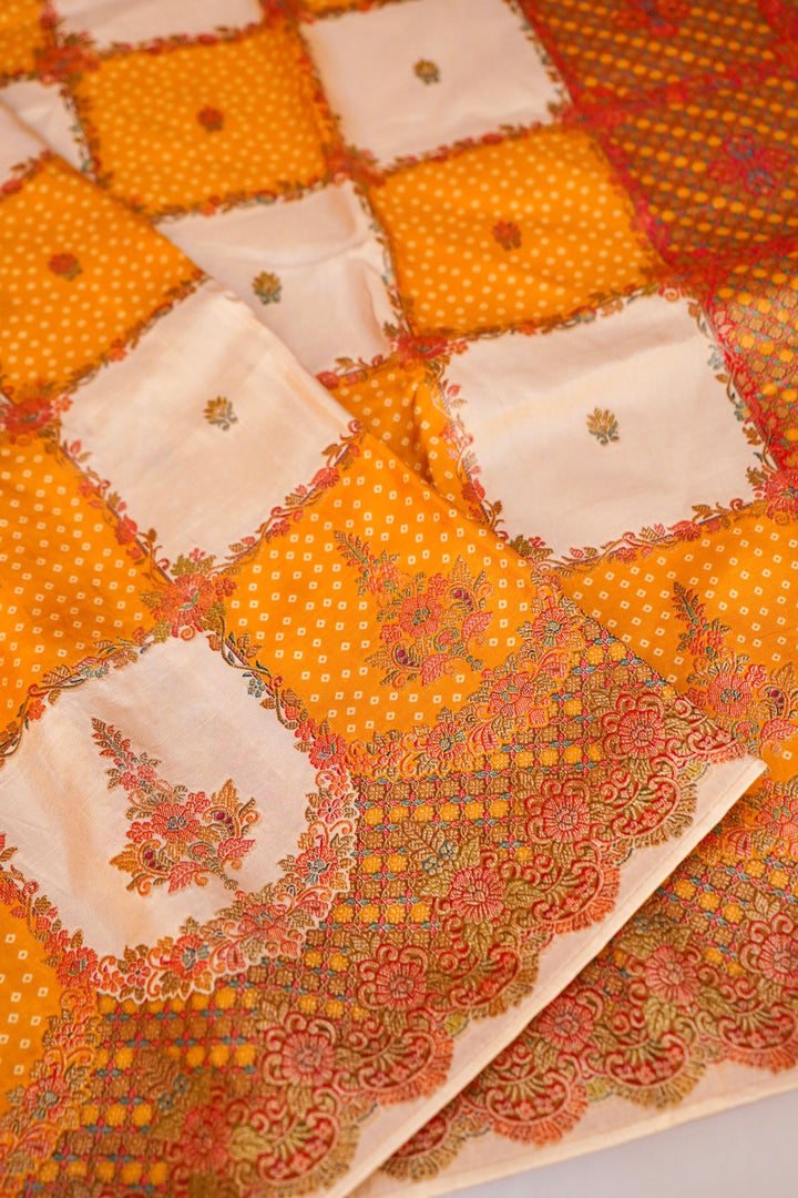 Yellow &amp; White Checked Crepe Silk Saree with Bandhani &amp; Meenakari Contrast Border