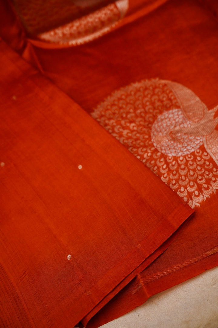 Rust Orange Peacock Motif Pure Silk Banarasi Saree View 3