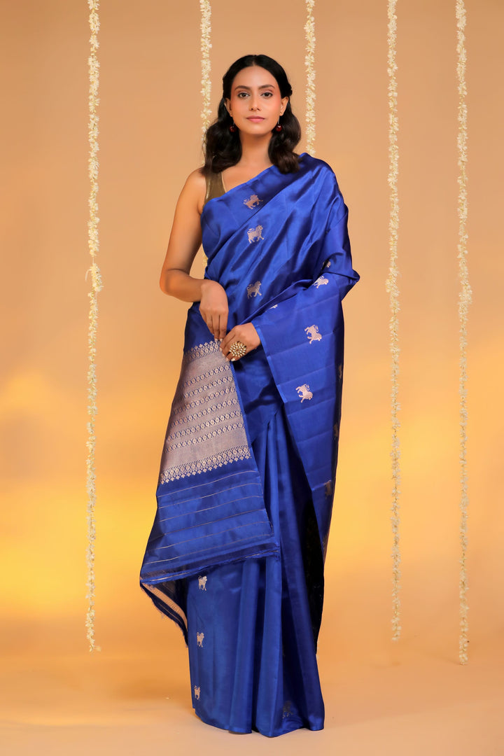 banarasi handloom blue pure mashru silk lion motif saree front view 1