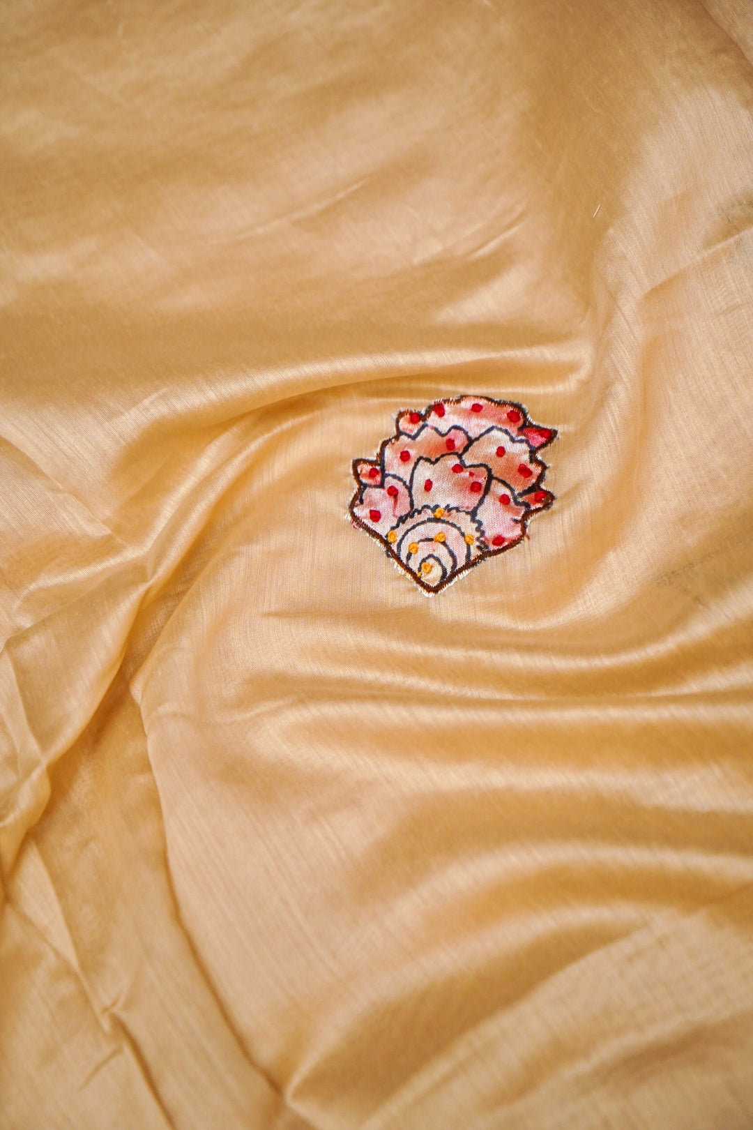 Beige Crepe Silk Suit Set with Appliqué and Kantha Embroidery Closeup View 3