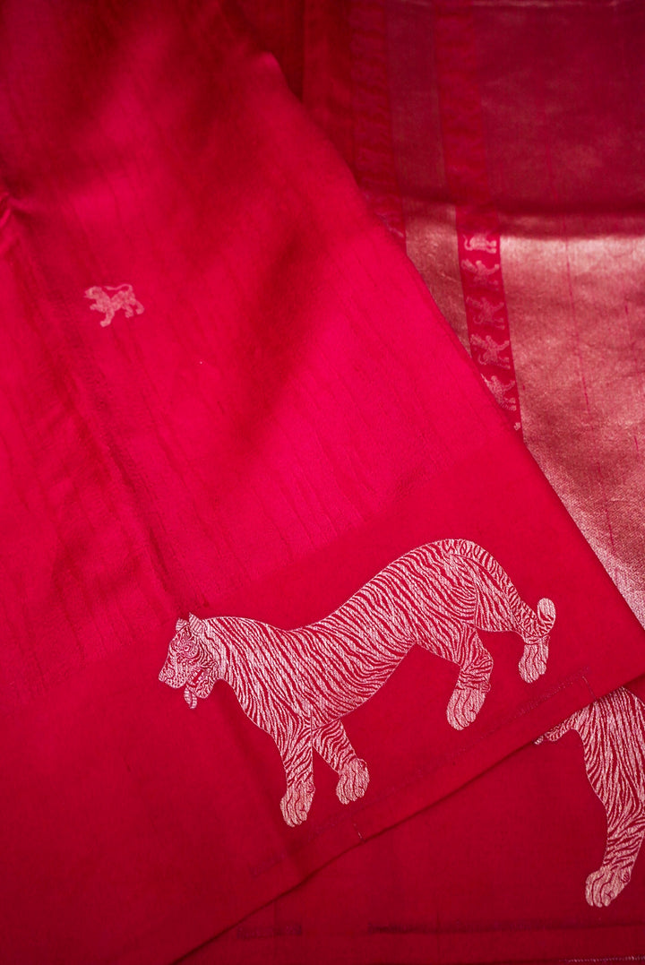 Elegant Pink Pure Katan Silk Saree with Tiger Motifs and Striped Weave Design