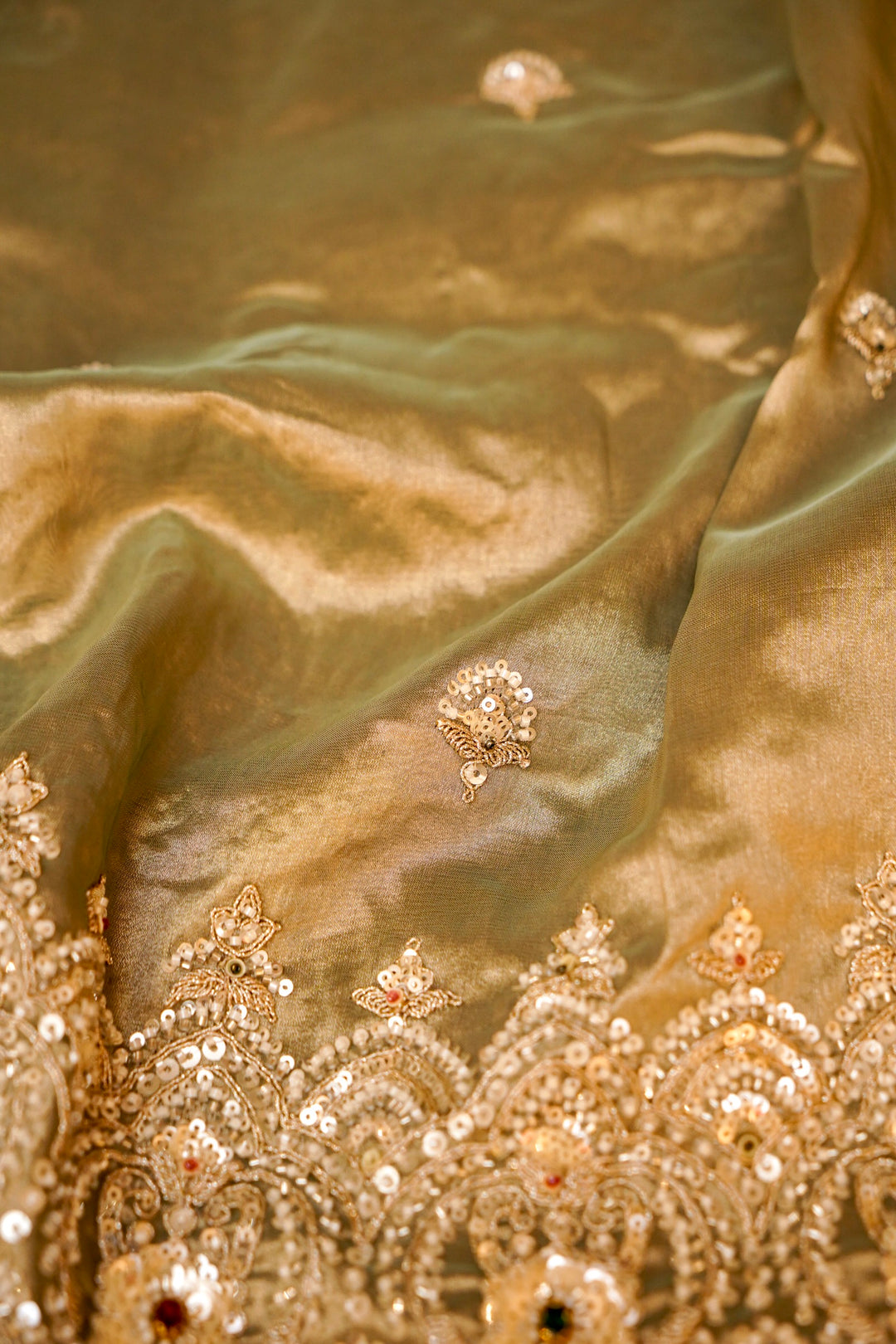 Pistachio Green Designer Tissue Silk Saree with Pearl and Kundan Embroidery View 5