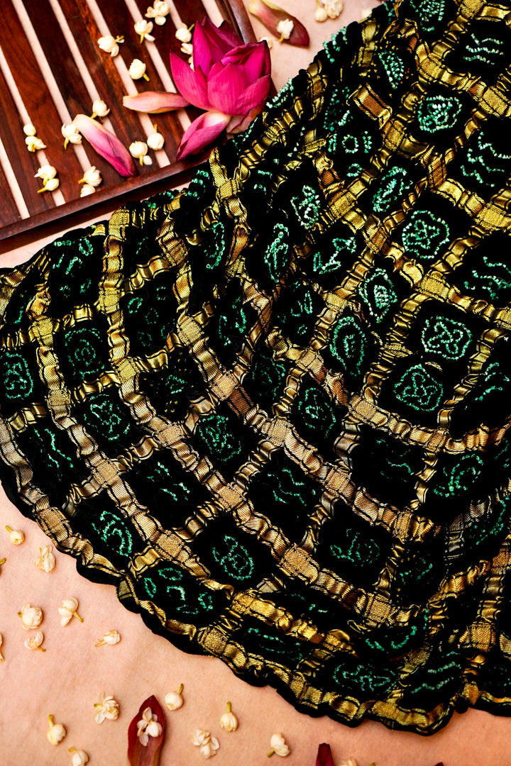 Timeless Bridal Grace Dark Green Gharchola Silk Saree with Zari Checks & Bandhej Motifs