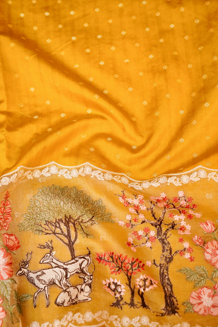 Haldi Ceremony Yellow Pure Handloom Chiniya Silk Saree with Appliqué Resham Embroidery