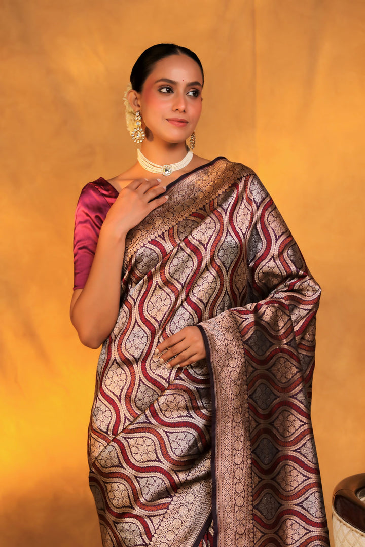 nita ambani inspired handwoven dark purple banarasi pure katan silk saree front close view 2