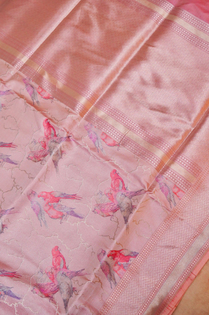 Pink Pure Katan Silk Banarasi Saree – Handcrafted Tanchoi Weave with Artistic Figure Patterns