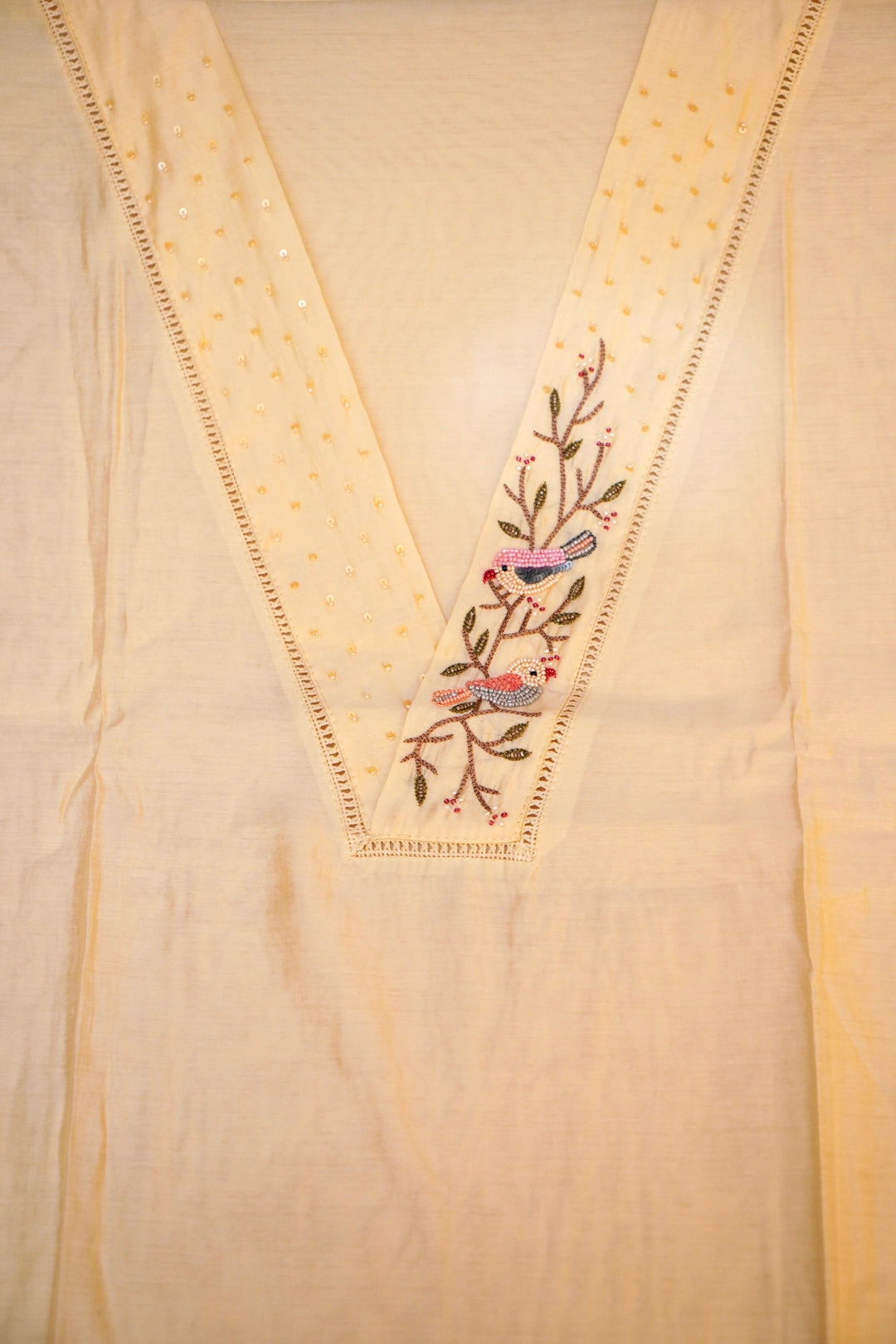 Pastel Yellow Chanderi Suit Set with Thread Embroidery Work