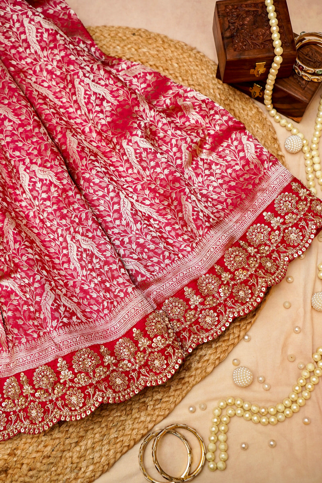 Bridal Red Brocade Silk Figure Motif Saree with Embroidery Border View 1