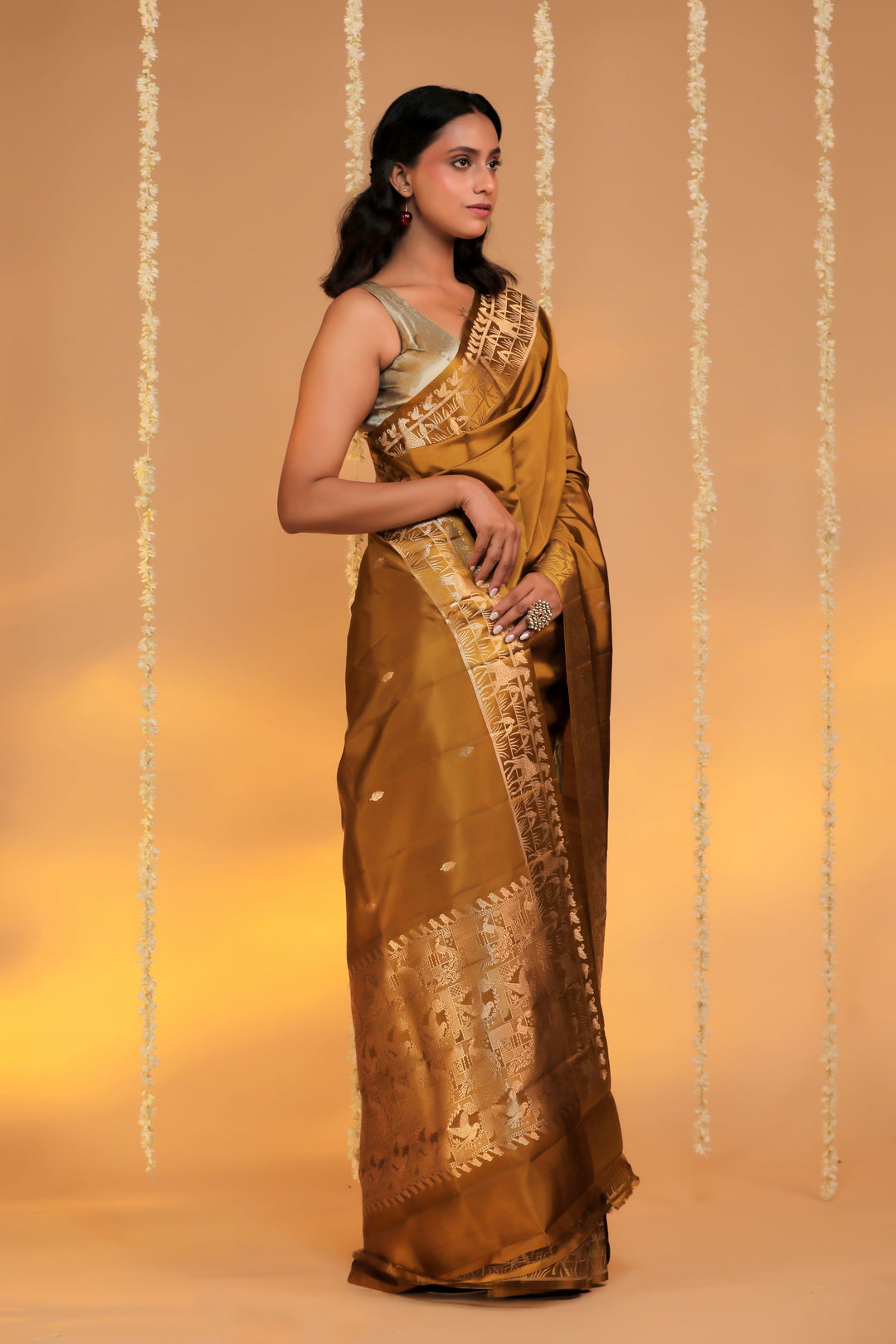 handloom banarasi pure mashru silk mustard shikargah saree side view 1