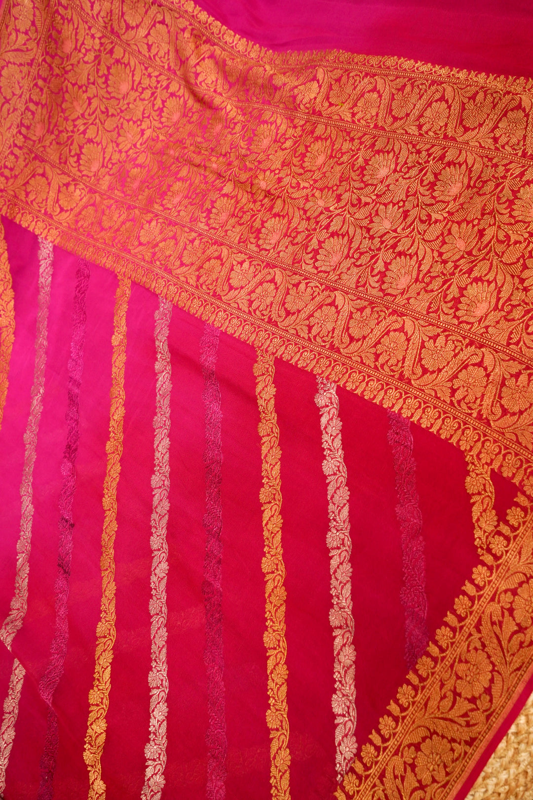 Handloom Pink Pure Banarasi Khaddi Georgette Saree with Ombre Dye &amp; Antique Zari Weaving