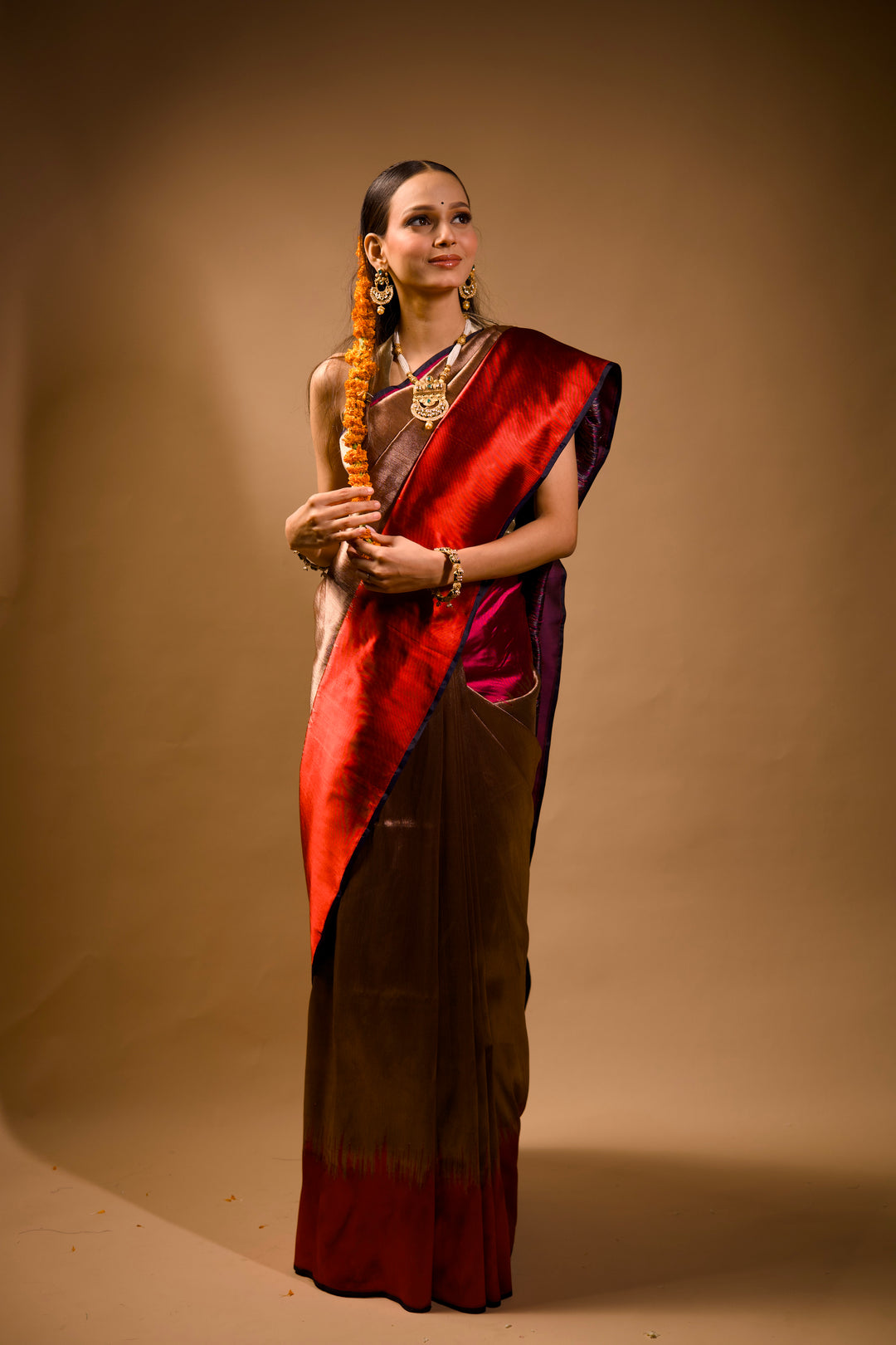 Contemporary Banarasi Brocade Silk Chevron Designer Saree in Metallic Tones View 2