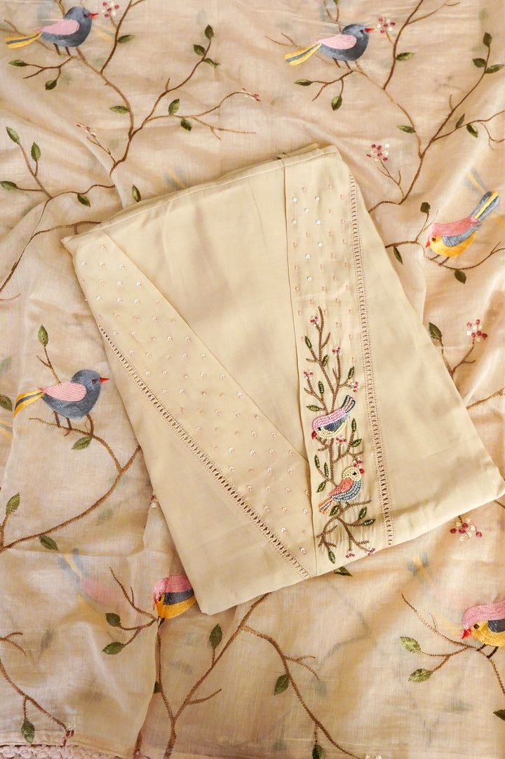 Beige Chanderi Silk Suit Set with Thread Embroidery Work