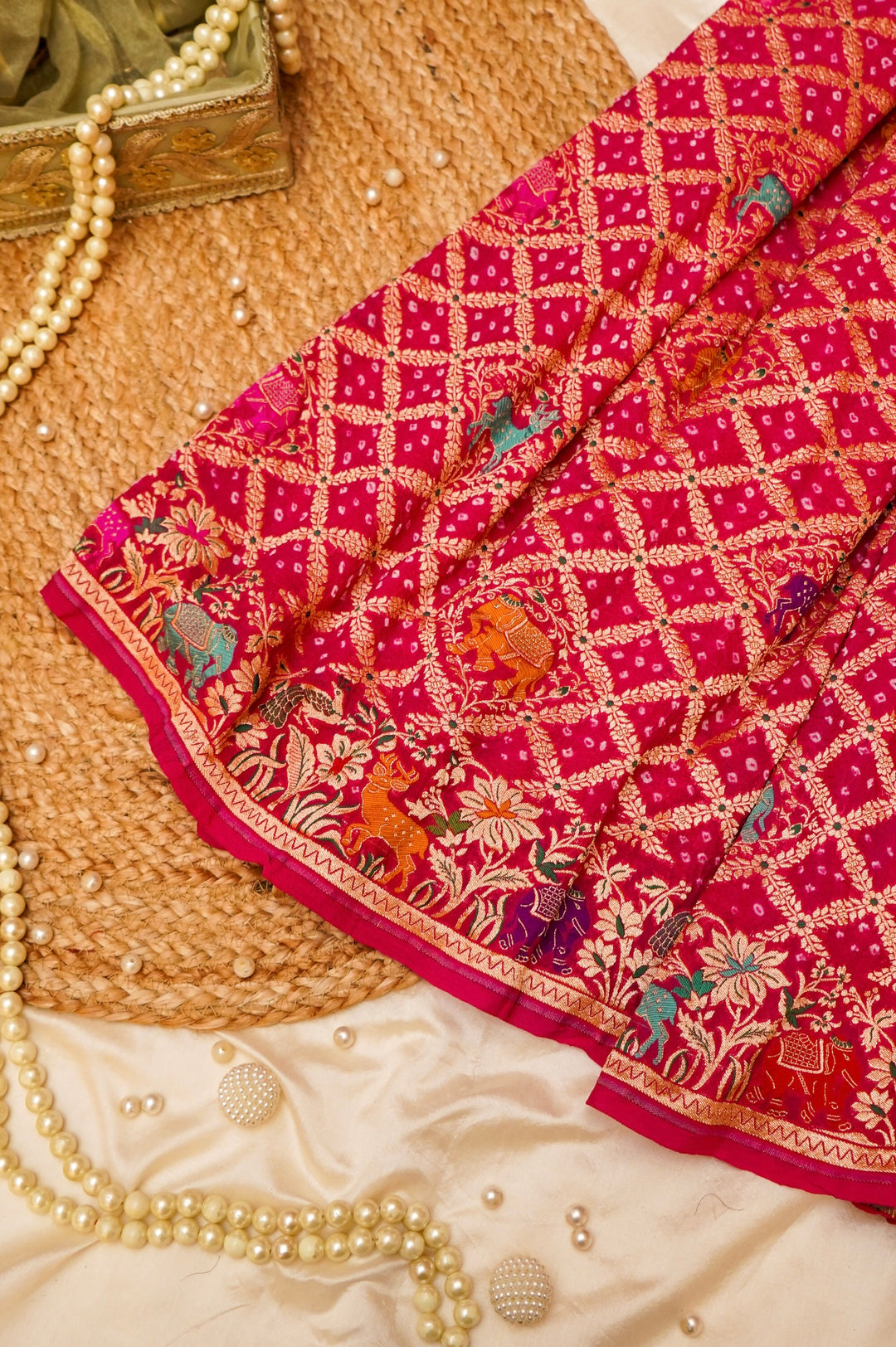 Bandhej Meenakari Bridal Grace Handwoven Pure Khaddi Georgette Saree View 1