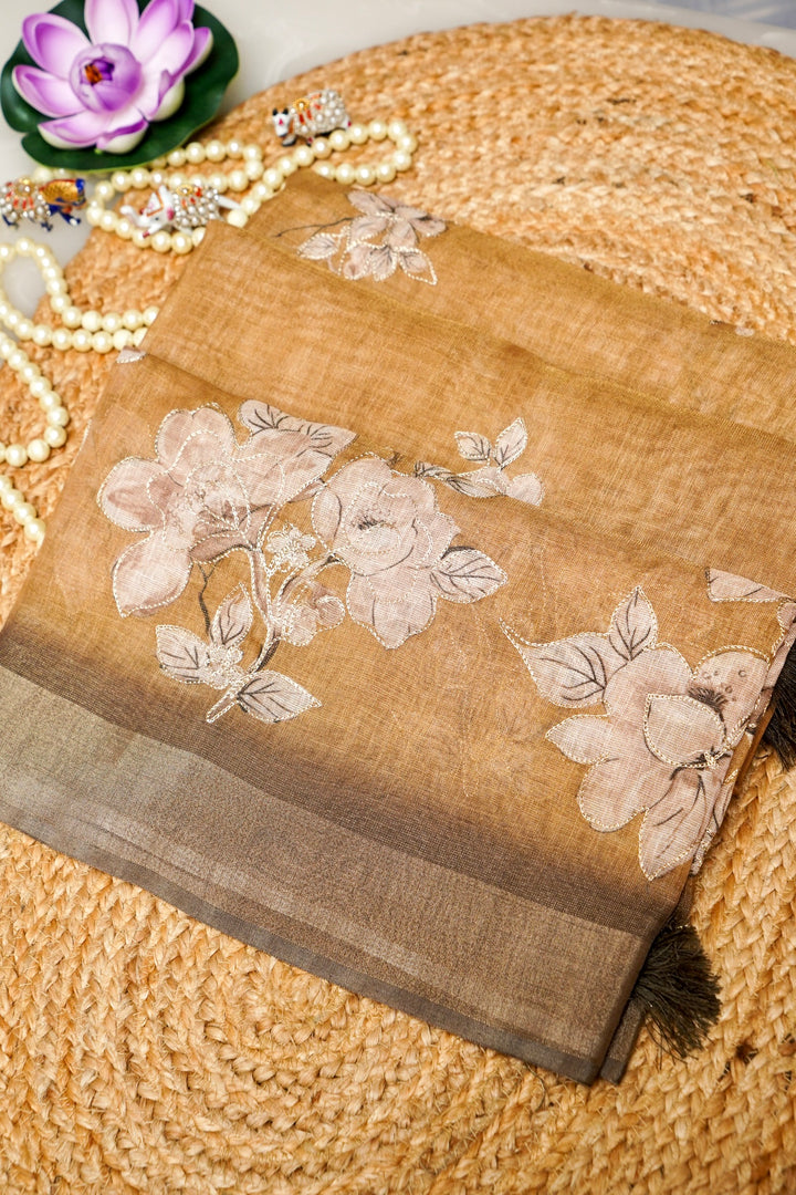 Beige Chanderi Tissue Saree with Aari Taari Embroidery Work