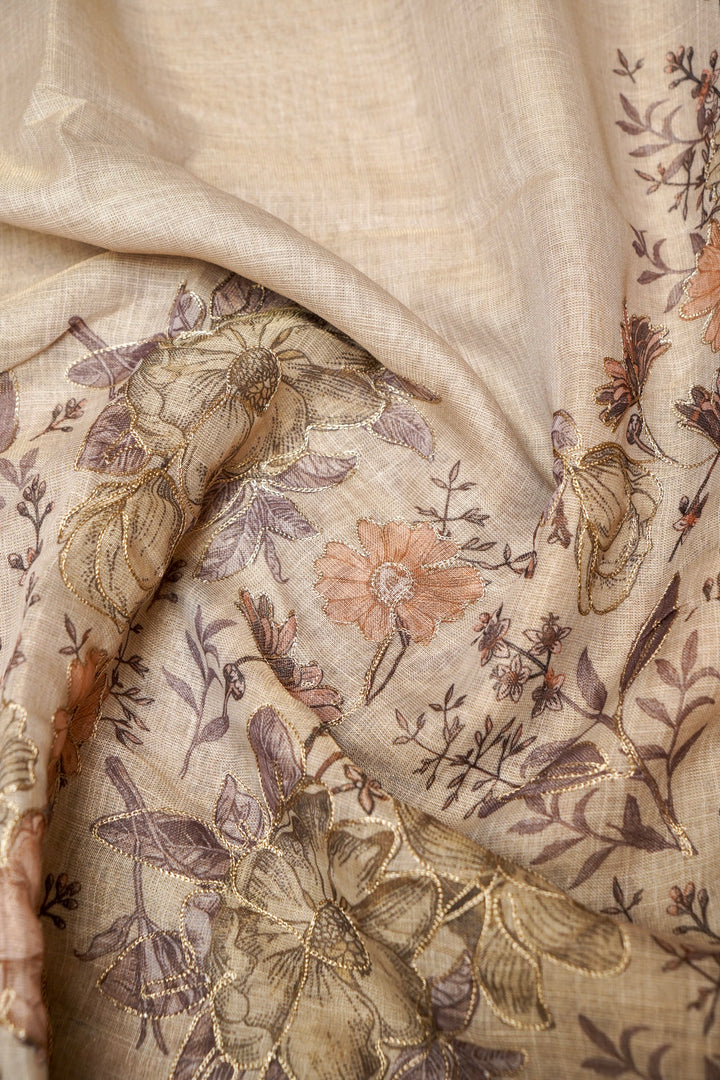 Off White Chanderi Tissue Saree with Aari Taari Embroidery Work