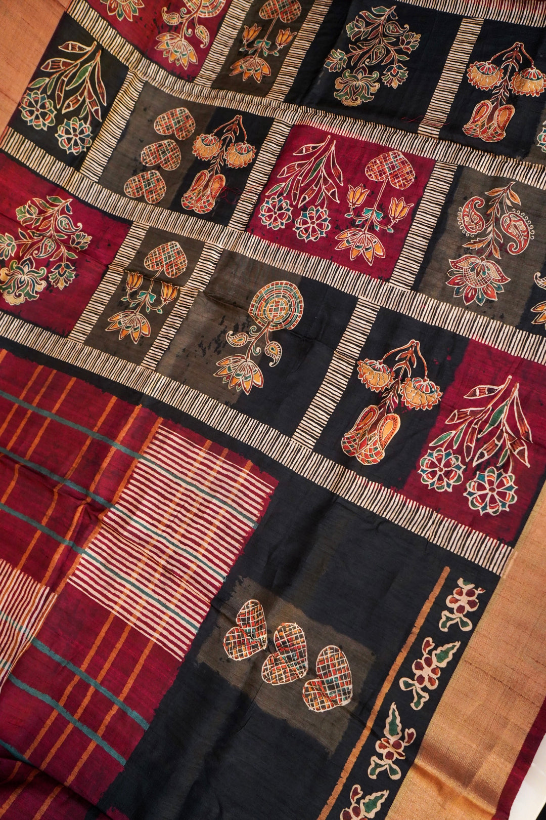 Black Tussar Silk Saree with Elegant Printed Check Pattern