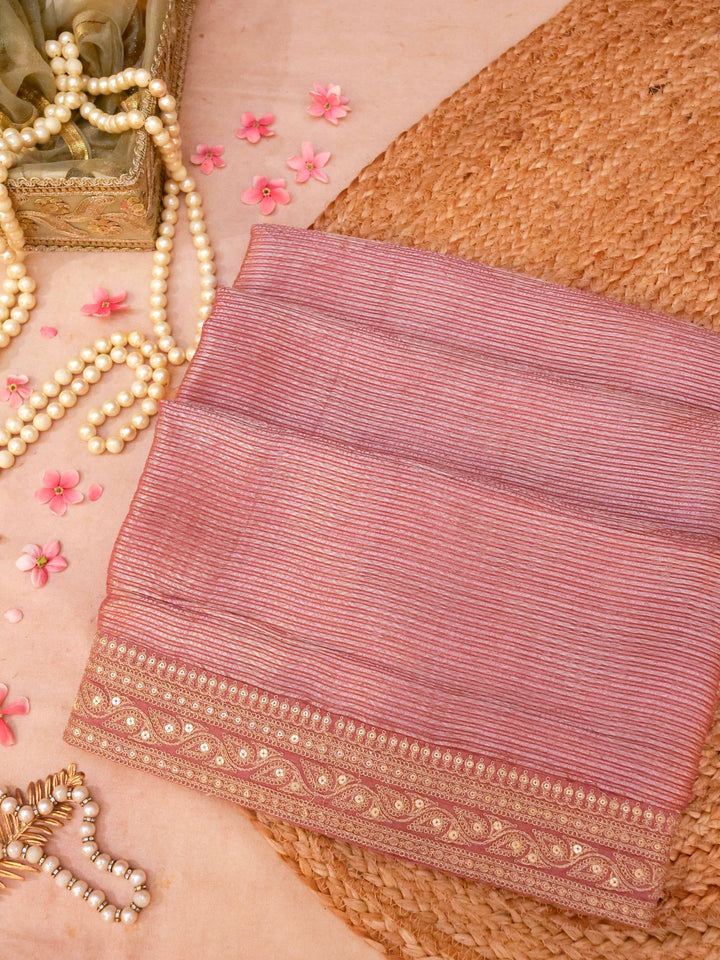 Onion Pink Sabyasachi Inspired Tissue Silk Saree with Silver Tissue Embroidery Blouse View 1