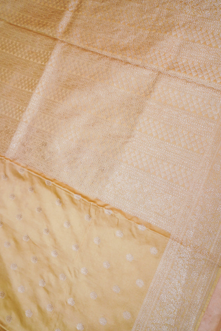 Banarasi Pastel Yellow Mashru Silk Saree Silver Zari Booti with Rich Border & Pallu