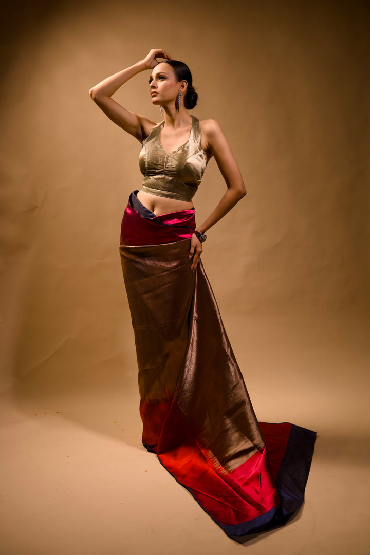 Contemporary Banarasi Brocade Silk Chevron Designer Saree in Metallic Tones View 5