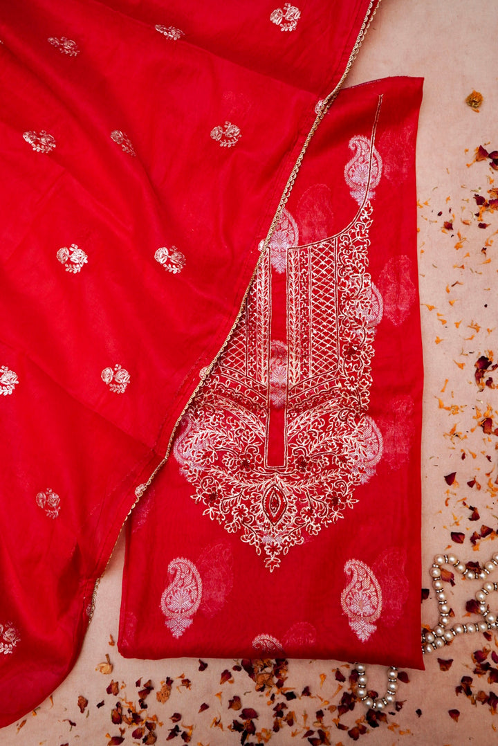Red Pure Mul Silk Suit with Embroidered Kurta and Pitta Zari Dupatta