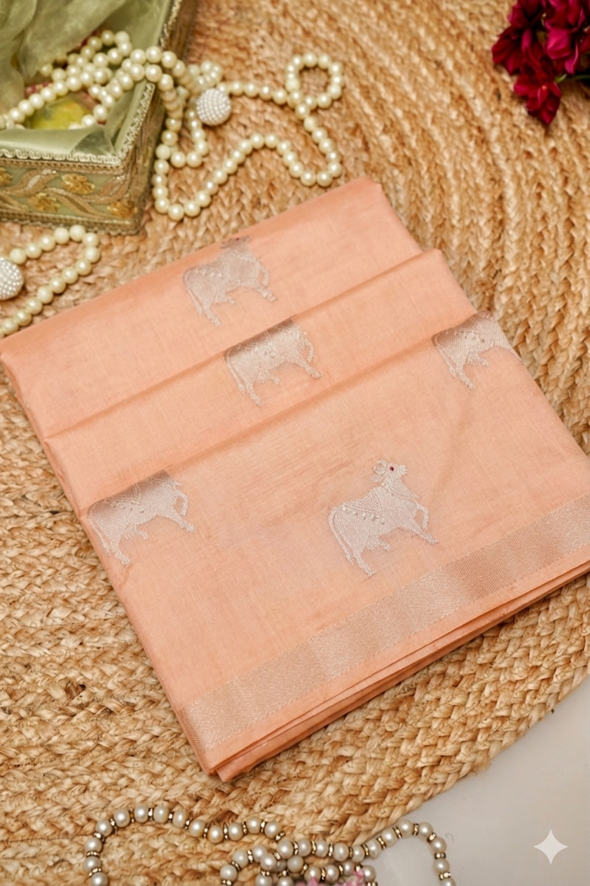 Peach Handwoven Banarasi Pure Puna Silk Saree with Zari Nandi Motif