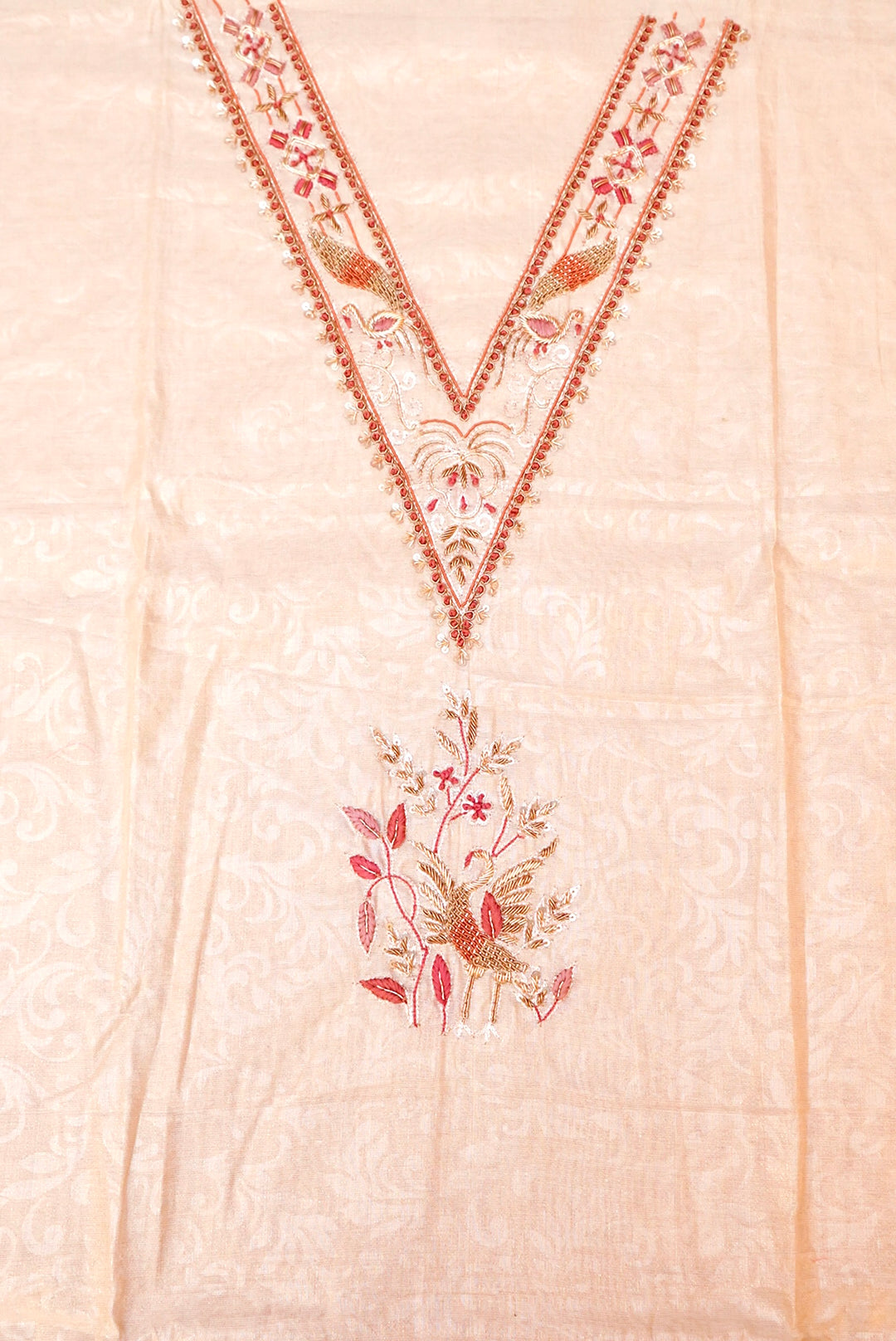 Beige Gold Pure Chanderi Tissue Silk Suit with Zardozi & Resham Embroidery