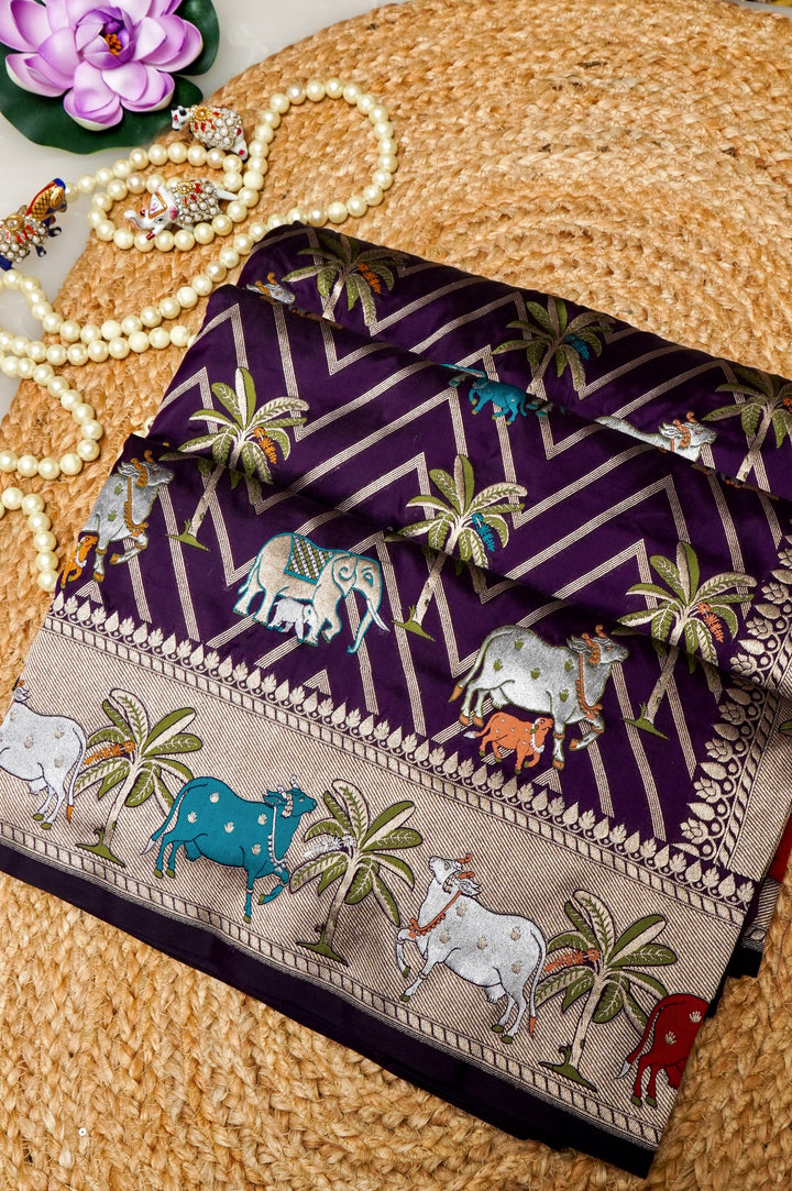 Dark Purple Pure Banarasi Handloom Katan Silk Kimkhwab Meenakari Saree with Pichwai Inspired Patterns