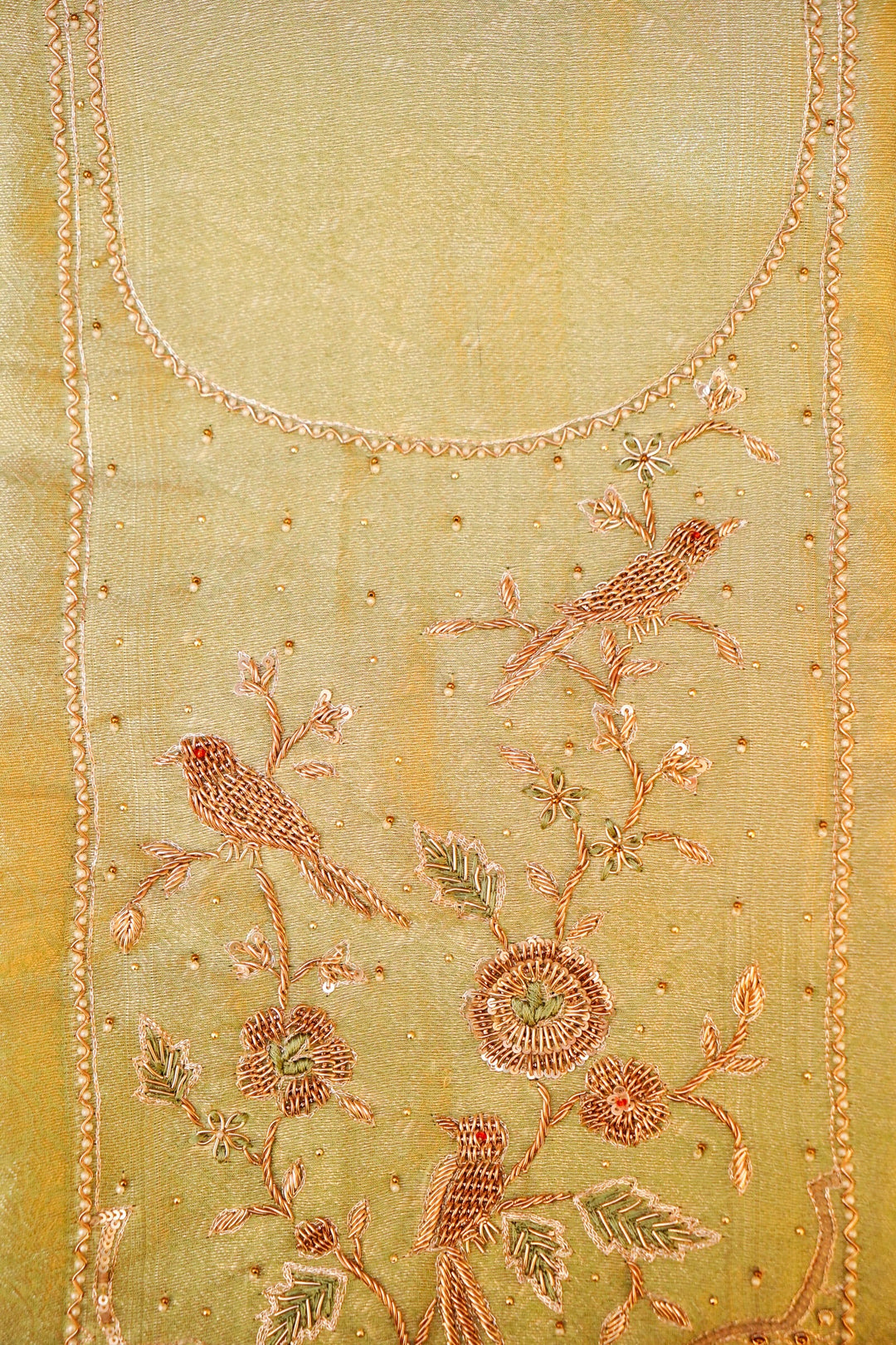 Pista Green Banarasi Brocade Soft Silk Unstitched Suit Set with Hand Zardozi Embroidery Work