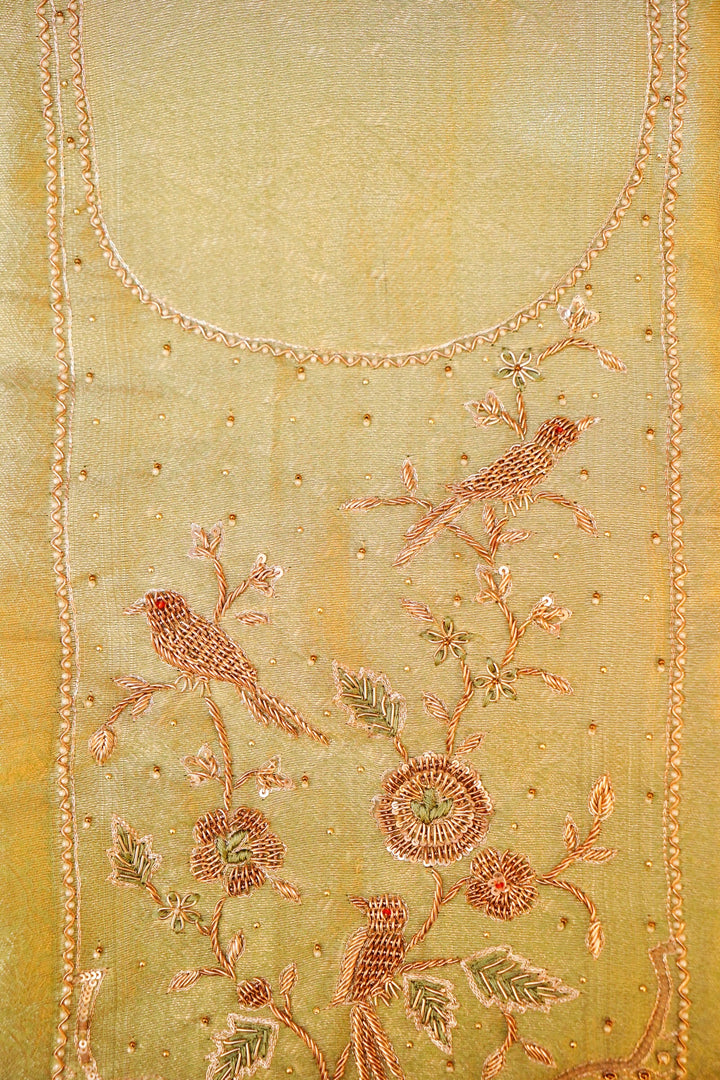 Pista Green Banarasi Brocade Soft Silk Unstitched Suit Set with Hand Zardozi Embroidery Work