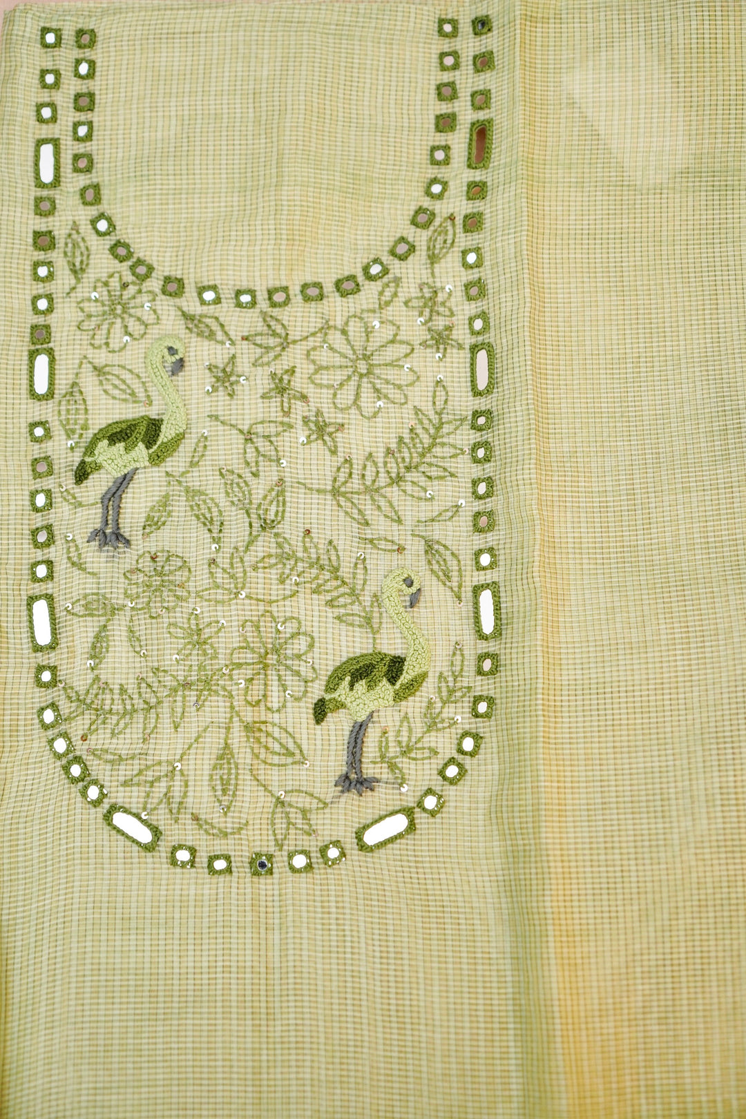 Pastel Green Pure Chanderi Kota Fabric with French Knot Thread Embroidery