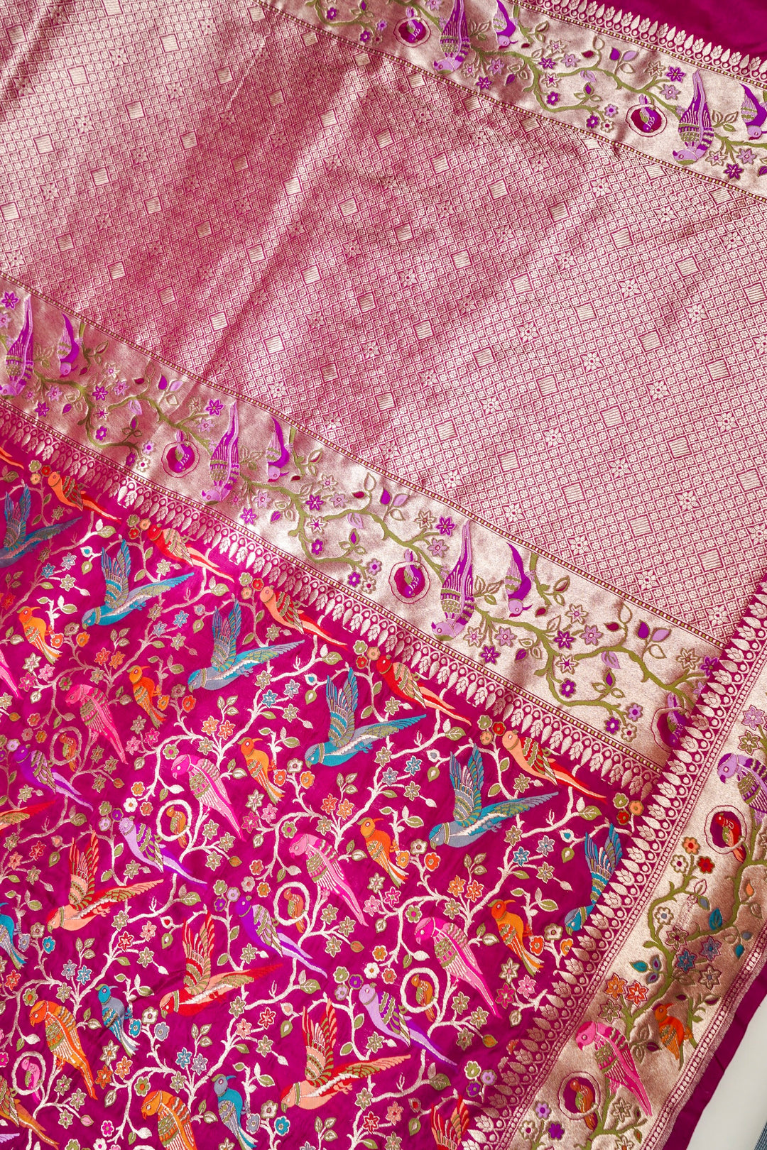 Magenta Pink Pure Banarasi Handloom Katan Silk Kimkhwab Meenakari Birds Motif Saree