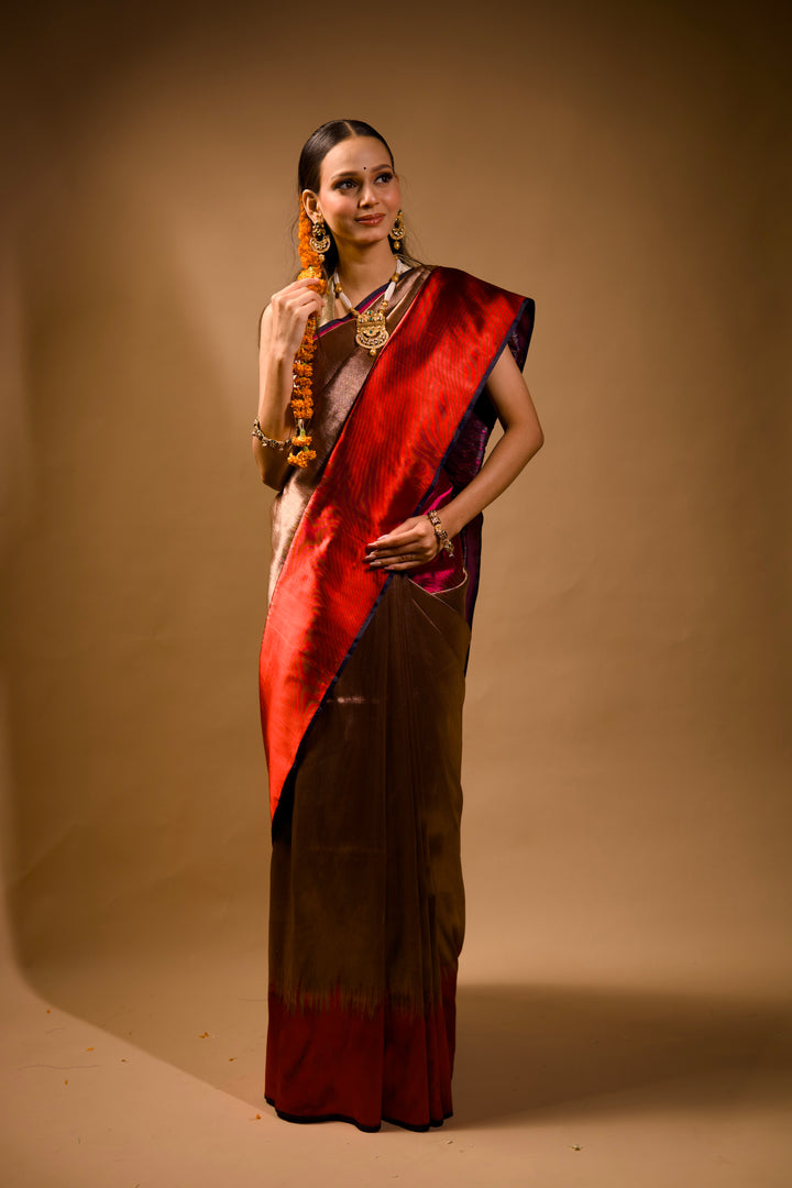 Contemporary Banarasi Brocade Silk Chevron Designer Saree in Metallic Tones View 1