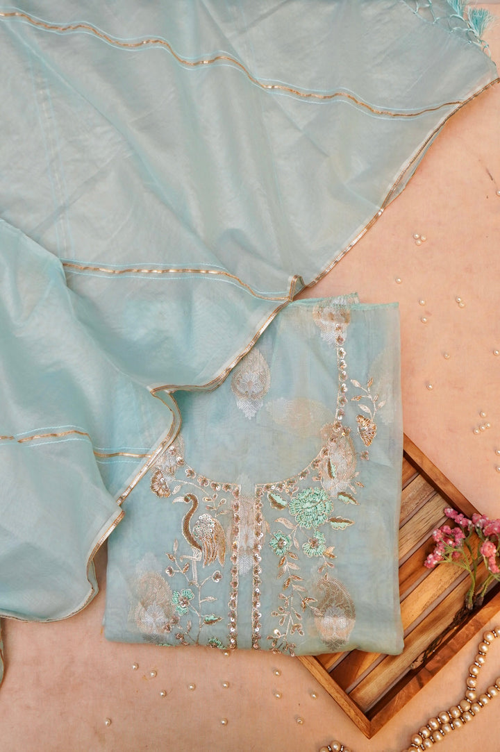 Unstitched Powder Blue Pure Muslin Silk Suit with Hand Embroidery Work