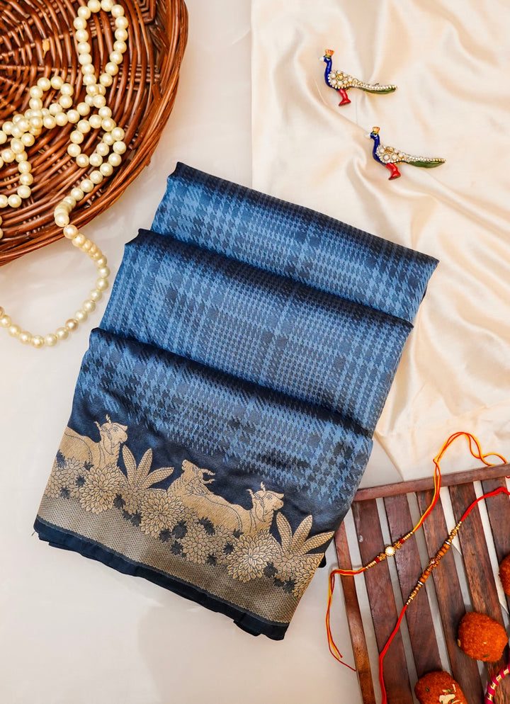 Teal Blue Handwoven Banarasi Katan Silk Saree with Golden Zari Shikargah Border & Pallu