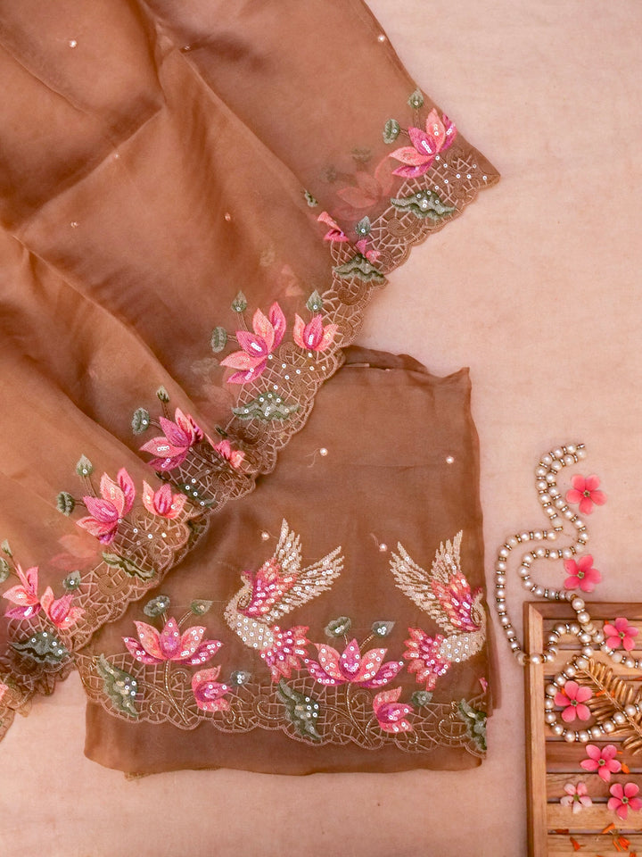 Light Brown Handloom Pure Organza Suit with Hand Resham Sequin Embroidery View 1