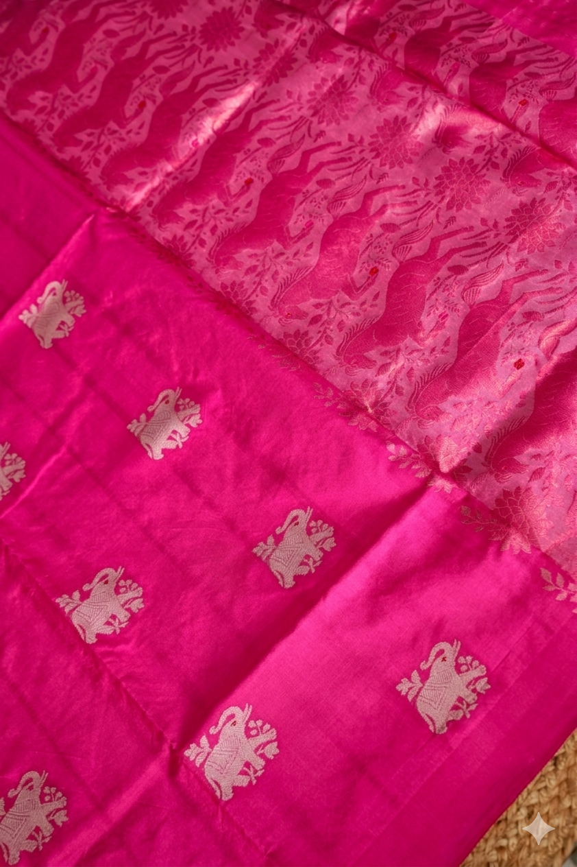 Regal Hot Pink Handwoven Banarasi Pure Puna Silk Saree with Zari Elephant Motifs