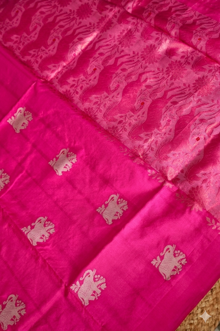 Regal Hot Pink Handwoven Banarasi Pure Puna Silk Saree with Zari Elephant Motifs