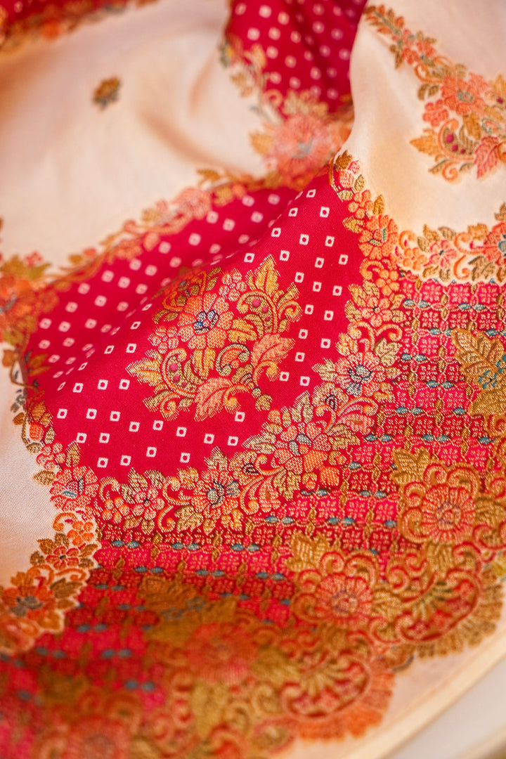 Pink &amp; White Checked Crepe Silk Saree with Bandhani Meenakari Contrast Border