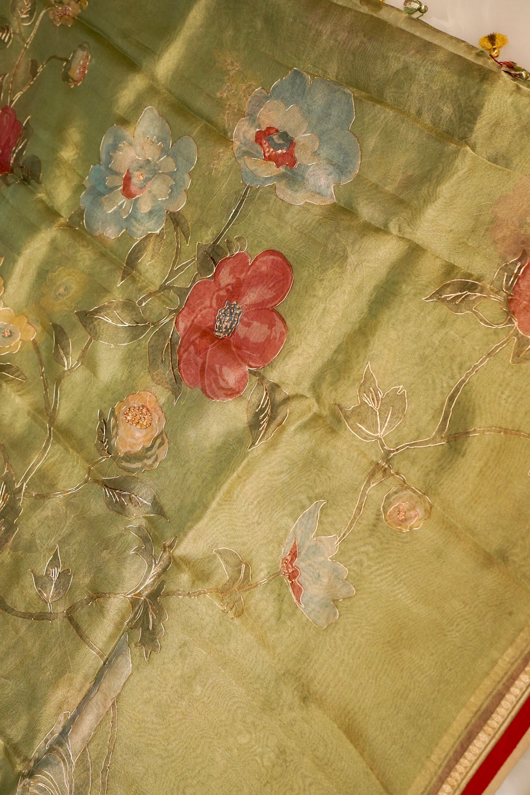 Designer Hand Painted Light Green Pitta Zari Pure Tissue Saree View 2